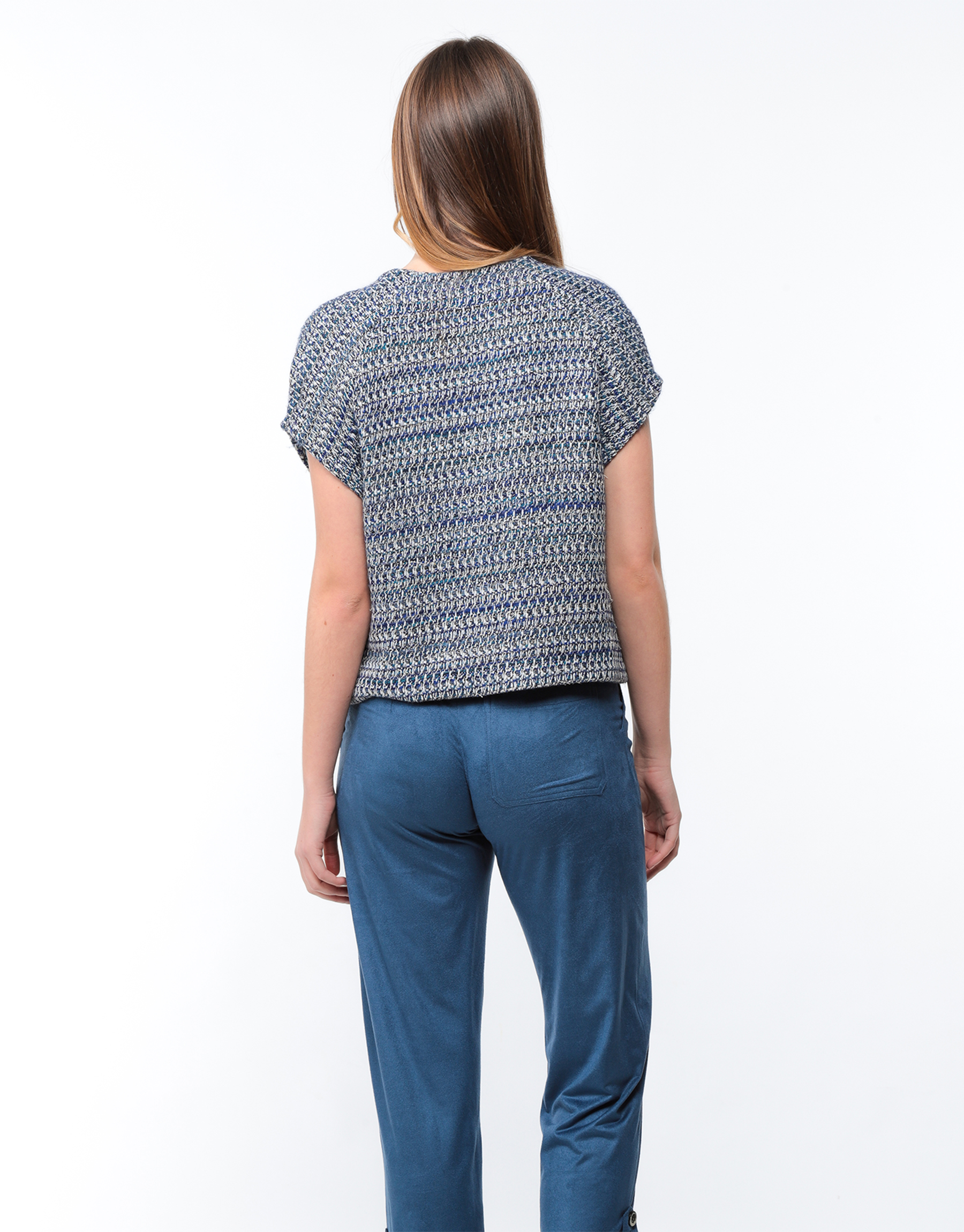 Short sleeve jacket in blue and white tweed 